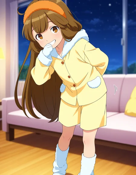 masterpiece,best quality,amazing quality,newest,absurdres,very aesthetic,anime screenshot,anime screencap,anime coloring,general BREAK depth of field,1girl,kinako, brown hair, long hair,orange headband,fluffy headband,brown eyes,grin,motion line,open mouth,teeth,looking at viewer,(one-piece pajama,fleece pajama,fuzzy pajama:1.3),oversized pajama,yellow pajama,long sleeves,baggy pants,fluffy hood,hood down,fluffy gloves,white gloves,fluffy socks,white socks,standing floor,(one leg up:0.6),cute motion,leaning forward,(one hand to own mouth,one hand behind back:1.2),(6 fingers,7 fingers:-1.8),indoor,lounge room,soft sofa <lora:add-detail-xl:1.1> , <lora:kinako:1> , <lora:LECO_GoodHands:-2> , <lora:LECO_BadHands:2>