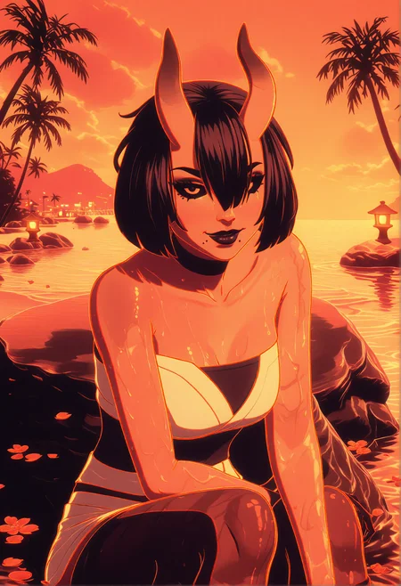 GLSHS,delicate colors,partially illuminated, (masterpiece, absurdres, very awa:1.4), golden hour, orange theme, sunset, beach, rocks, beach ball, sand, palm tree, smug, looking at viewer, fortnitenightrose, 1girl, black hair, short hair, bob cut, bangs, hair between eyes, hair over one eye, asymmetrical horns, oni horns, skin-covered horns, black eyes, black sclera, sclera, closed mouth, mole, mole under mouth, black lips, lipstick, makeup, natural hot spring, sitting on rock with legs dipped in water, wet skin, towel draped around body, cleavage, steam, gentle ripples in water, warm lantern glow, flower petals floating on water, <lora:GLSHS-IL:1.2>, <lora:Fortnite_The_Night_Rose_All_Outfits_ILXL:0.8>, <lora:dmd2_sdxl_4step_lora:1>