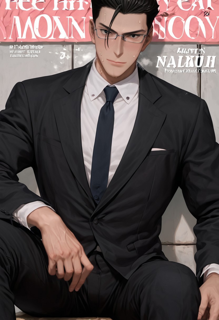 pink themed picture, pink stars, kawaii, cute photo, pastel colors, magazine covers, dynamic pose, score_9, score_8_up, score_7_up, anime, 19 year old , ((1boy, solo)), male focus, slim toned male, Jinguuji, Tsukasa_Jinguuji, Black hair, One strand hair on forehead, black eyes, Pale skin, ((white shirt, tie, black coat tuxedo, black pants, long sleeved, full dressed formal)) ((white glasses)) pensive face, happy, come hither)),  muscular, athletic slim slender body, solo, cinematic color, highly detailed, best quality, best aesthetic, absurdres, strong thighs, muscular legs, dynamic angle, 2d (((looking at viewer))) (((panoramic view:1.1))) ((tall)), 
heavy breathing, steaming, drenched in sweat, score_9,score_8_up,score_7_up, source_anime, male focus, manly, tall, detailed eyebrow, sharp eyebrows, focus on thigh, bottom view, cowboy shot, from bottom view, tall,
jock, mature, hung, socks, slender,manly, tall, focus on thigh, (sitting or dynamic pose),