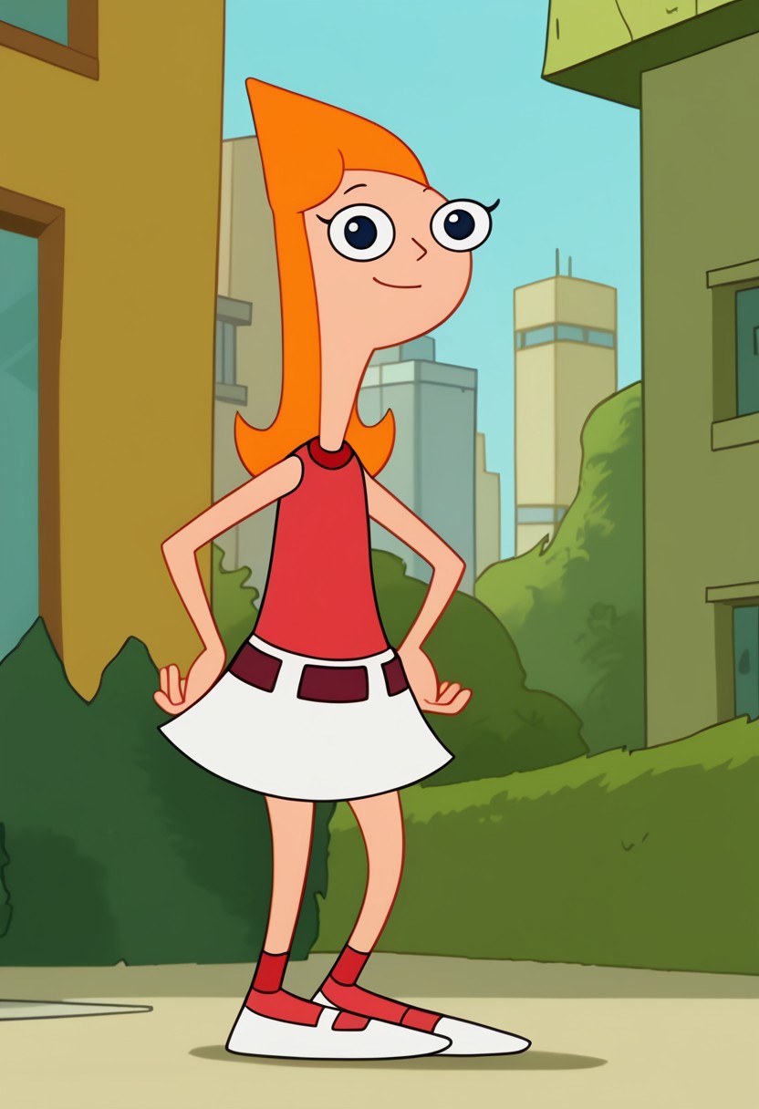 score_9, score_8_up, score_7_up BREAK CandacePF, 1girl, long orange hair, dark blue eyes, red tank top, red belt, white skirt, red ankle socks, white flat mary-jane shoes, cartoon, source_cartoon, smiling at viewer, full body,, city background, city outdoors,