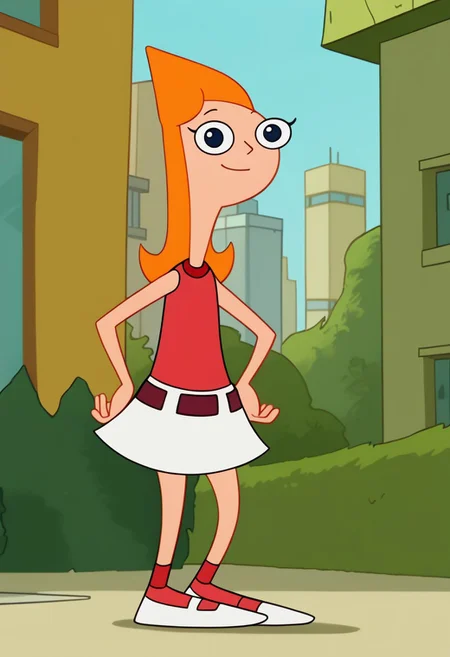 score_9, score_8_up, score_7_up BREAK CandacePF, 1girl, long orange hair, dark blue eyes, red tank top, red belt, white skirt, red ankle socks, white flat mary-jane shoes, cartoon, source_cartoon, smiling at viewer, full body,, city background, city outdoors,