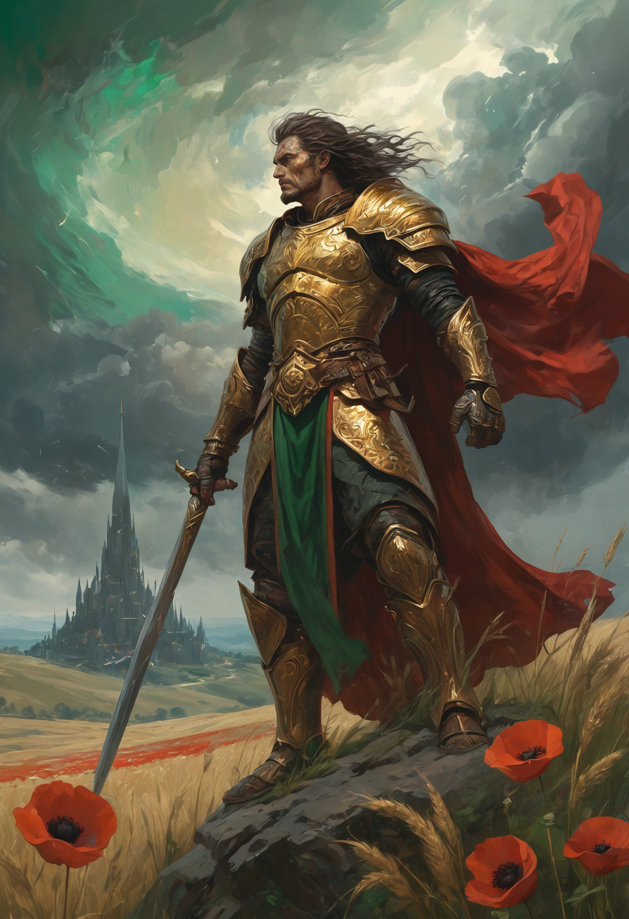 A resplendent golden warrior,clad in emerald-tinged armor etched with crimson runes,stands triumphant atop a windswept hill,his hammer raised high in devotion to Sigmar. The scene,reminiscent of Frazetta's dynamic compositions and Turner's ethereal lighting,bathes in a celestial glow that pierces through ominous storm clouds. Swirling brushstrokes evoke Van Gogh's turbulent skies,while Klimt-inspired geometric patterns adorn the warrior's flowing cape. The landscape below unfolds in a tapestry of verdant fields and amber wheat,punctuated by scarlet poppies that dance in an unseen breeze. A distant citadel,its spires reaching skyward,gleams with an otherworldly radiance,its architecture a fusion of Gothic and Art Nouveau styles. The air crackles with tangible energy,hinting at imminent divine intervention. Hyper-detailed textures bring every element to life,from the weathered leather of the warrior's gauntlets to the individual blades of grass at his feet. A sense of epic scale pervades the composition,with the warrior dominating the foreground while the vast,tumultuous world stretches endlessly behind him. The overall mood is one of awe-inspiring power tempered by a touch of melancholy,as if capturing a fleeting moment of glory before the tides of fate shift once more.,