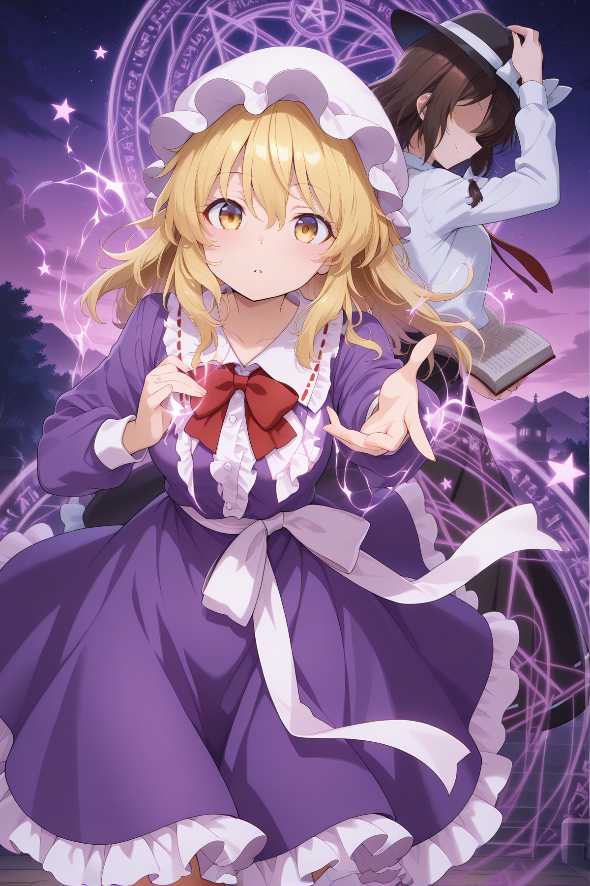 absurdres, highres, masterpiece, best quality, amazing quality, official anime artwork, screencap, anime screencap, star, night, magic circle, 2girls, looking at viewer, multiple girls, star \(symbol\), BREAK
<lora:Maribel-Hearn_Illustrious:0.6> maribel hearn, 1girl, solo, yellow eyes, blonde hair, medium hair,, white mob cap, red bowtie, purple dress, long sleeves, frilled skirt, outstretched arm, parted lips, BREAK
<lora:Usami-Renko_Illustrious:0.6> usami renko, 1girl, solo, brown hair, no eyes, eyes covered, medium hair,, black hat, white hat bow, red necktie, white shirt, long sleeves, closed mouth, smile, adjusting hat, open book, holding book,