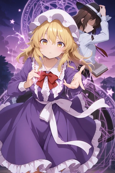 absurdres, highres, masterpiece, best quality, amazing quality, official anime artwork, screencap, anime screencap, star, night, magic circle, 2girls, looking at viewer, multiple girls, star \(symbol\), BREAK
<lora:Maribel-Hearn_Illustrious:0.6> maribel hearn, 1girl, solo, yellow eyes, blonde hair, medium hair,, white mob cap, red bowtie, purple dress, long sleeves, frilled skirt, outstretched arm, parted lips, BREAK
<lora:Usami-Renko_Illustrious:0.6> usami renko, 1girl, solo, brown hair, no eyes, eyes covered, medium hair,, black hat, white hat bow, red necktie, white shirt, long sleeves, closed mouth, smile, adjusting hat, open book, holding book,