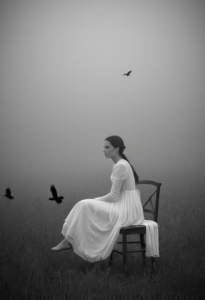 A surreal black and white photograph captures a woman in a flowing white dress seated on a wooden chair in the middle of a misty field. She faces away from the camera, her dark hair pulled back, while multiple ravens fly above her and one perches on the chair's back. The image is composed as a centered medium shot with natural backlighting creating silhouettes against the foggy background. The monochromatic treatment and shallow depth of field create a dreamlike, ethereal atmosphere.