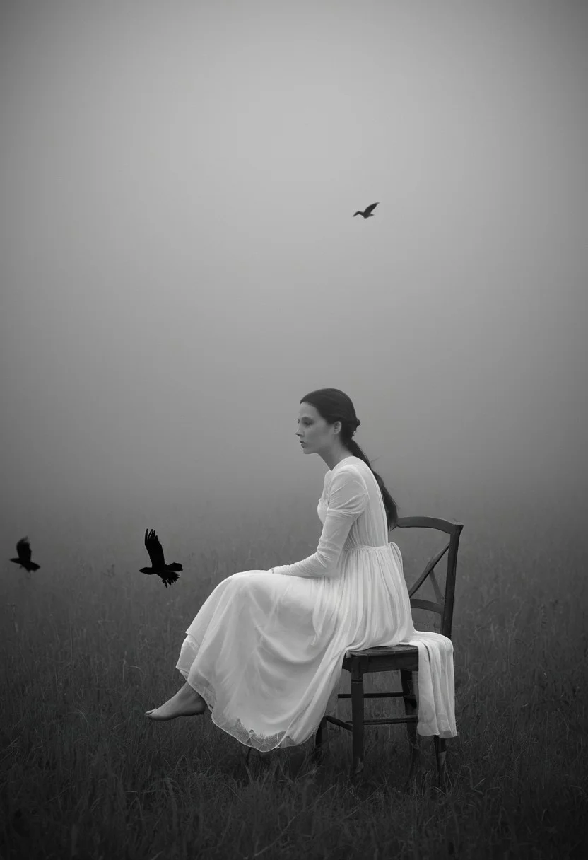 A surreal black and white photograph captures a woman in a flowing white dress seated on a wooden chair in the middle of a misty field. She faces away from the camera, her dark hair pulled back, while multiple ravens fly above her and one perches on the chair's back. The image is composed as a centered medium shot with natural backlighting creating silhouettes against the foggy background. The monochromatic treatment and shallow depth of field create a dreamlike, ethereal atmosphere.