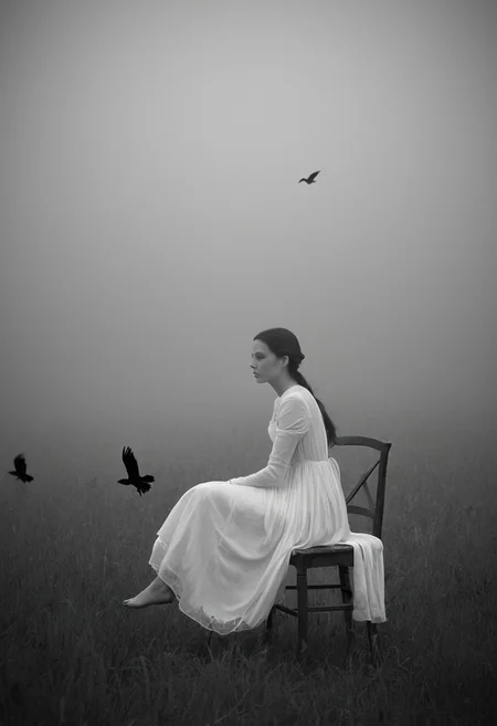 A surreal black and white photograph captures a woman in a flowing white dress seated on a wooden chair in the middle of a misty field. She faces away from the camera, her dark hair pulled back, while multiple ravens fly above her and one perches on the chair's back. The image is composed as a centered medium shot with natural backlighting creating silhouettes against the foggy background. The monochromatic treatment and shallow depth of field create a dreamlike, ethereal atmosphere.