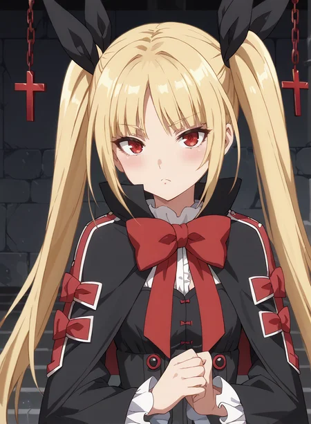 score_9, score_8_up, score_7_up, score_6_up, score_5_up, score_4_up, source_anime, anime screencap, masterpiece, insanely detailed, detailed background, zPDXL3, BREAK, RachelAlucardBB,1girl,solo,long hair,blonde hair,red eyes,red bow,ribbon,twintails,black hair ribbon,small breasts,frills,red bow,ghotic fashion,black capelet ,red cross pattern,black dress