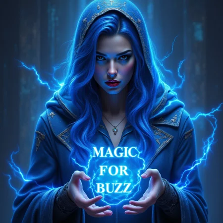 Cinematic style, Realism, Film still, High quality, A mystical and powerful Elizabeth 2.0 as a powerful sorceress with flowing blue hair, dressed in an ornate blue hooded cloak. She is casting a spell, that says: “Magic For Buzz” in lightning text, her hands glowing with blue magical energy. Her intense, captivating eyes are focused on the spell, and her cheeks are flushed with concentration. The background is ethereal and filled with swirling magic, adding to the otherworldly atmosphere. The intricate details of her clothing and the shimmering magical effects create a sense of fantasy and enchantment.