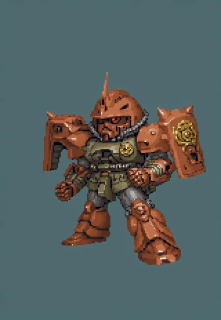 (full body view), (masterpiece), (ultra detailed), best quality, HDA_PixelArtXL_v1.2, garma_zaku, red monoeye, crimson monoeye, metallic heathawk, shoulder decals, green backgroundm, chibi, simple background, SRWFStyle