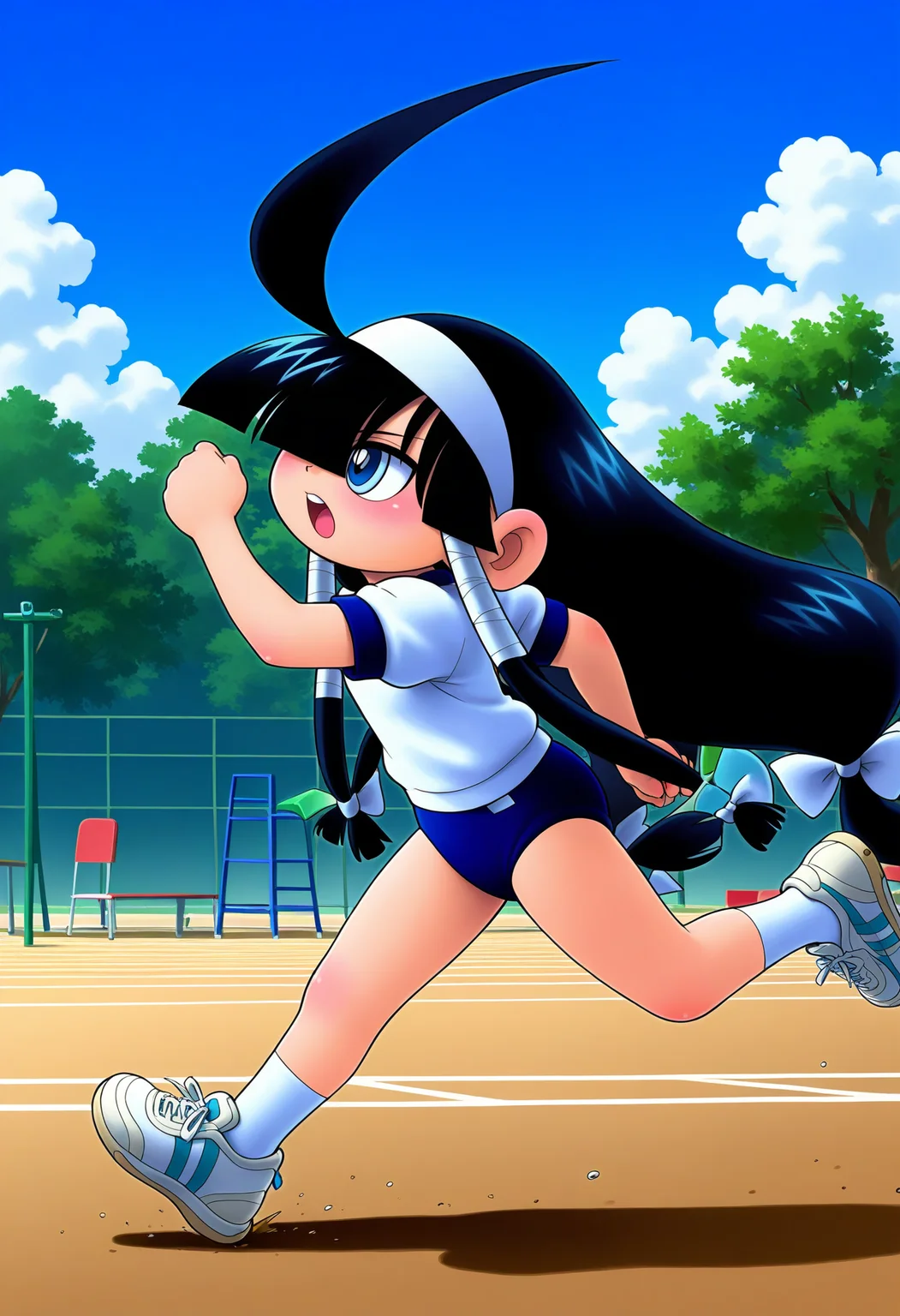 <lora:rukuruku_IL:1>rukuruku, 1girl, solo, long hair, open mouth,
blue eyes, very long black hair, white hair bow, white hairband, blunt bangs, hair over one eye, hair tubes, low-tied long hair,
gym uniform, buruma, running, from side,
BREAK outdoors, Schoolyard, sky, cloud, day,