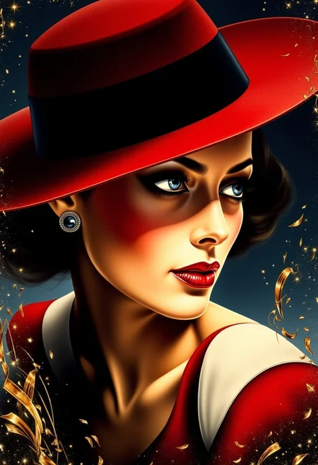 A retro-style poster of a mysterious, elegant woman with a dramatic hat and bright lipstick, glancing sideways with a shadowy art deco background, illustration in the style of BRSH