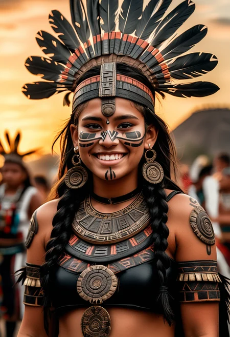 (medium full shot) of (imposing Aztec) young woman, Average build, wearing an aztec black ceremonial outfit with detailed patterns , hide sandals, aztec tattoos, ceremonial nose ring, set in the aztec era, in a grand procession, showcasing elaborate attire, spiritual leaders, dynamic performances, festive energy , during sunset, woman smiling, ,Masterpiece,best quality, raw photo, realistic, very aesthetic