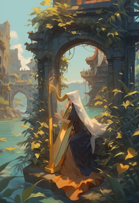 in a secluded clearing, lush vegetation, fantasy architecture, village ruins, elven priestess, pedal harp, upper body, close-up, holding instrument, sitting, pas0, sbfte, d4rkv1b3, (score_9, score_8_up:1.1), score_7_up, jill stingray, twintails, veil, rich broidery, reserved dress, from behind, from side, nape focus, clear lake, golden leaves, spring breeze, setting sun, sc3nery, vibrant colors, high contrast,