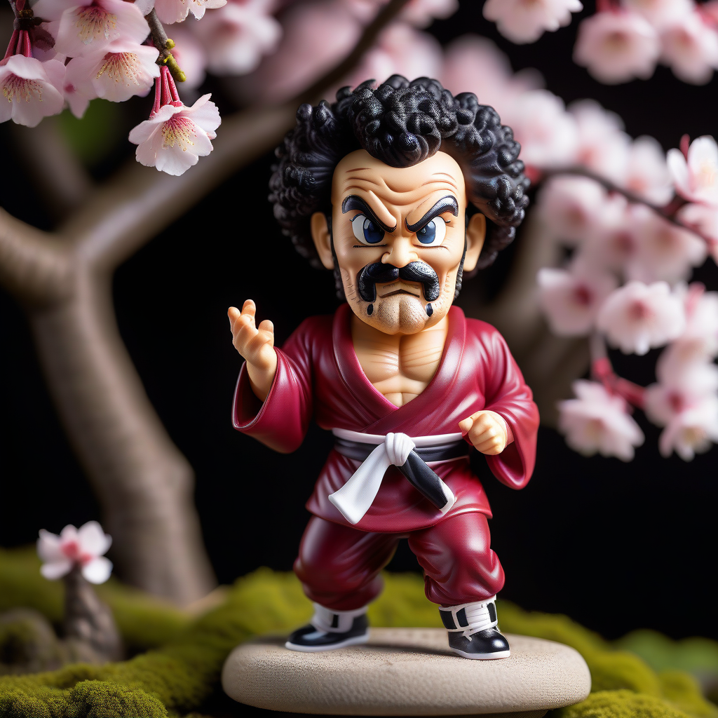 professional studio photo:1.4,50mm 1.4, a funko pop figurine,Mr. Satan man, solo, 1boy, male focus,close up,portrait,japanese temple,sakura blossom,soft lighting,<lora:mr_satan-000007:1>