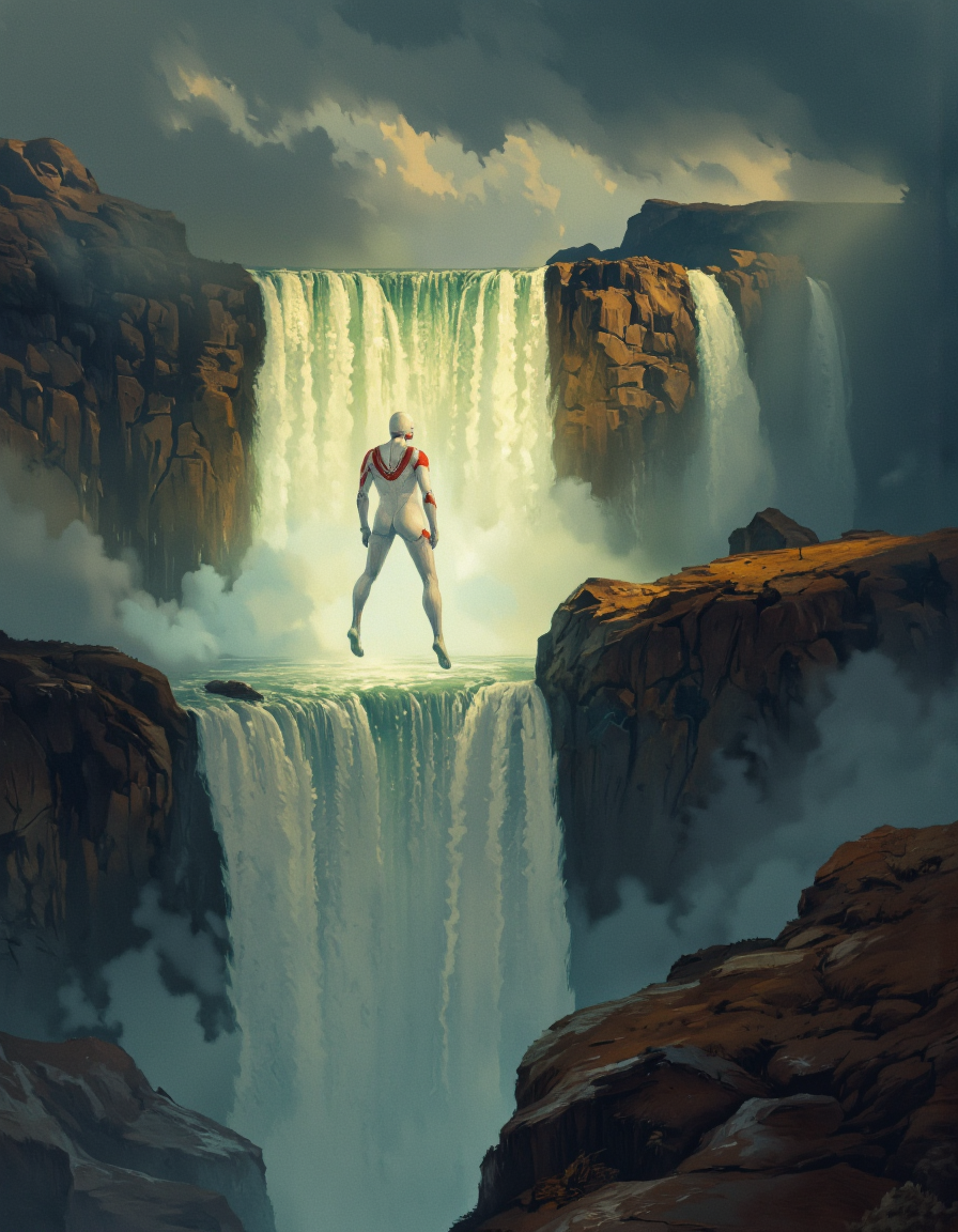 By Artem Chebokha. A digital illustration shoot from below about a futuristic humanoid figure jumping over a waterfall in a dramatic landscape. the image also shows a serene and surreal atmosphere. on the middle of the image, a humanoid figure appears to be in mid-air, wearing a white, form-fitting suit with red accents. the figure has a slim body and is facing away from the viewer, giving a sense of distance to the camera. the character is positioned in the center of the frame, with the waterfall cascading down the rocky cliffs in the background. the sky is filled with dark, stormy clouds, and the overall color palette is muted with shades of blue, green, and yellow, creating a dramatic contrast with the bright and dramatic lighting. the overall effect is one of awe and wonder, as if the figure is about to take flight over the waterfall.