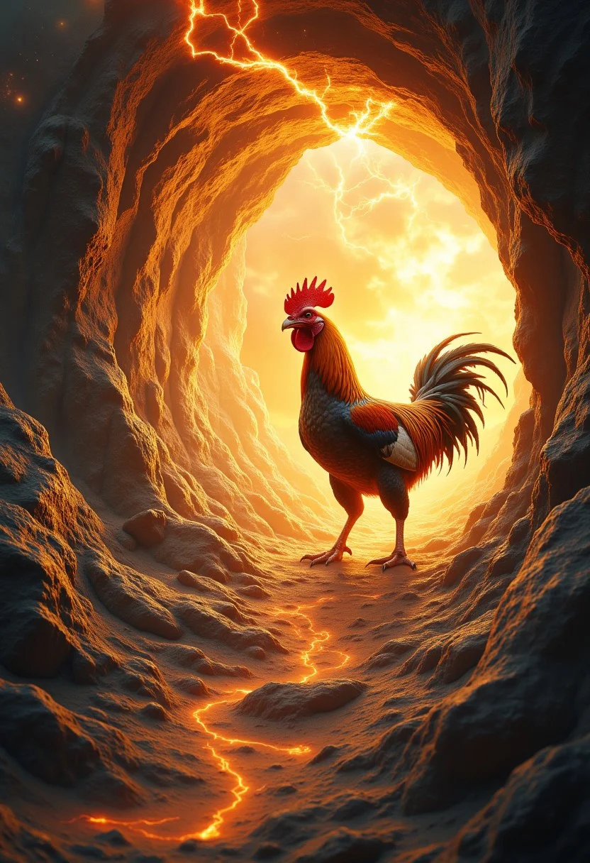 a huge portal into which a dinosaur enters and a rooster comes out. Super detailed image of a time portal with a swirl of energy that turns a dinosaur into a rooster