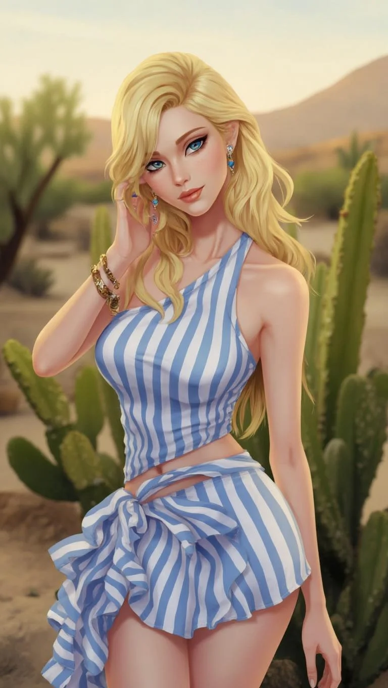 <lora:ck-LttleGhost-000011.safetensors:1> in the style of ck-lttlegh0stA blonde woman with wavy hair and blue eyes poses confidently outdoors, her blue and white striped one-shoulder top and ruffled skirt accentuating her slim figure. Her hand is in her hair and on her hip, while a bracelet and dangling earrings add subtle glamour. The background is a blurred desert landscape of green cacti, shot in high definition with soft focus.