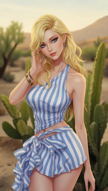 <lora:ck-LttleGhost-000011.safetensors:1> in the style of ck-lttlegh0stA blonde woman with wavy hair and blue eyes poses confidently outdoors, her blue and white striped one-shoulder top and ruffled skirt accentuating her slim figure. Her hand is in her hair and on her hip, while a bracelet and dangling earrings add subtle glamour. The background is a blurred desert landscape of green cacti, shot in high definition with soft focus.