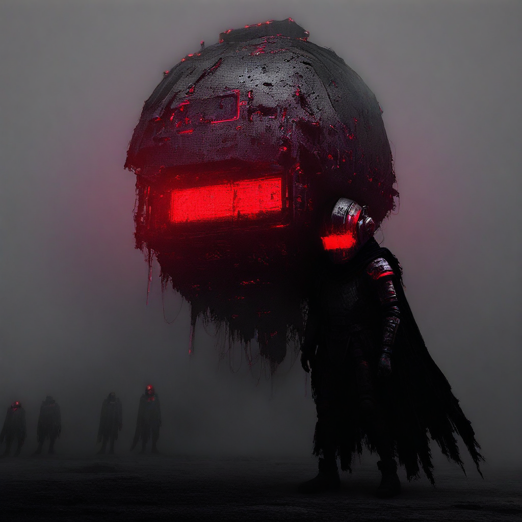 masterpiece, best quality, amazing quality, very aesthetic, absurdres, newest, neon-mist, cyberpunk, dystopian, futuristic knight, massive sword, swinging motion, medieval plate armor, cybernetic enhancements, exposed wiring, glowing vents, reinforced exoskeleton, smooth visor helmet, red glowing eyes, tattered cape, dramatic movement, fog-covered urban battlefield, decayed structures, flickering neon signs, toxic haze, ash and embers, silhouettes in background, war-torn atmosphere, deep blue, grey, crimson color palette, cinematic lighting, high contrast, volumetric fog, intricate detailing
