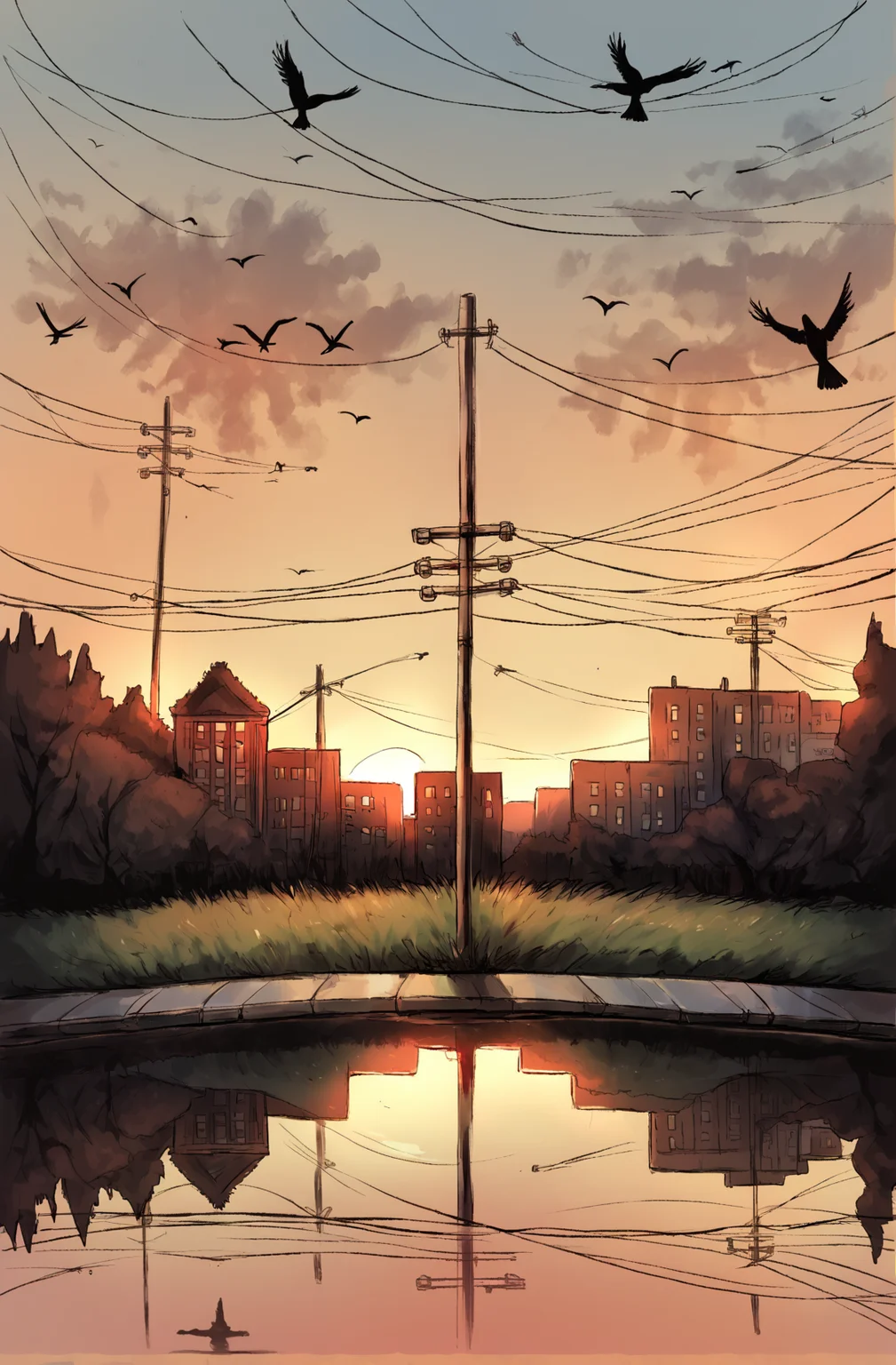 score_9,score_8_up,score_7_up,score_6_up,score_5_up,score_4_up ,<lora:aesthetic_witchy:0.3>,witchyaesthetic,realistic,blurry background outdoors,sky,no humans,bird,animal,building,scenery,reflection,sunset,silhouette,power lines,utility pole,crow,flock <lora:dskartponyxl:0.8> Duskfallcrew Art Style