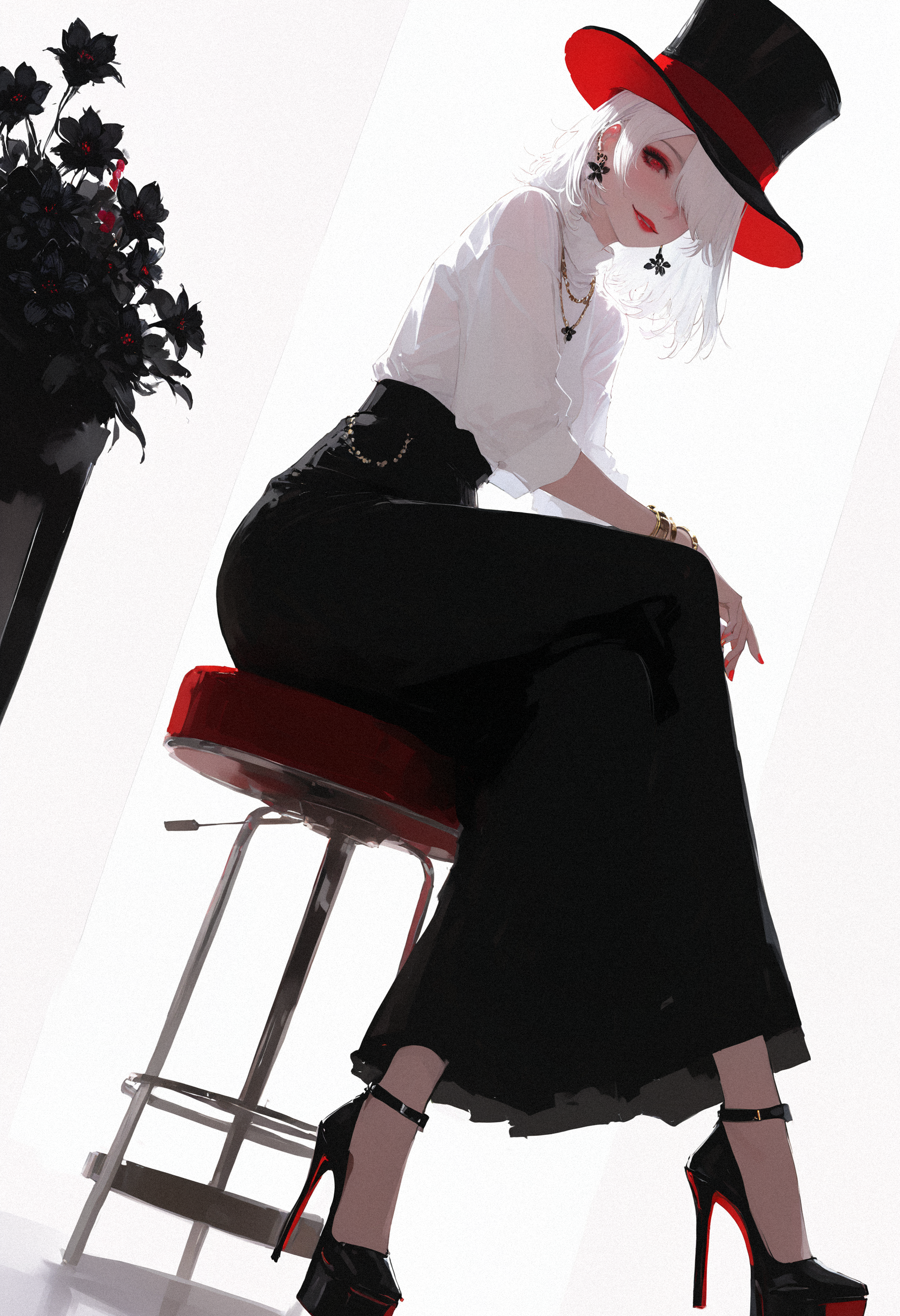 masterpiece, very awa, amazing quality, best quality, newest, highres, absurdres, 1girl, red top hat, top hat, white hair, medium hair, hair over one eye, red eyes, makeup, smile, red lips, white shirt, bracelet, jewelry, earrings, necklace, shirt tucked in, elegant skirt, black skirt, high heels, red footwear, red nail polish, sitting, looking at viewer, on stool, dynamic pose, full body, crossed legs, dutch angle, black flowers, flower, indoors, window, backlighting, white background, simple background, realistic, <lora:NOOB_vp1_detailer_by_volnovik_v1:0.3> <lora:ponyv6_noobE11_2_adamW-000017:0.3> <lora:illustriousXL_stabilizer_v1.23:0.3> <lora:mon_monmon2133:0.4> <lora:XXX667:0.5> <lora:nhl-001-20:0.8>