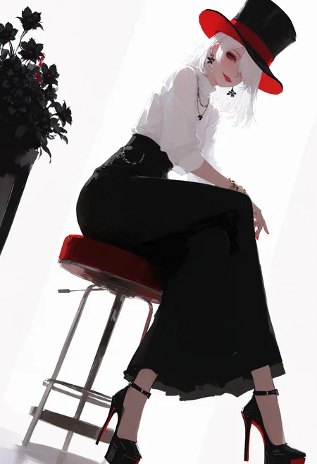 masterpiece, very awa, amazing quality, best quality, newest, highres, absurdres, 1girl, red top hat, top hat, white hair, medium hair, hair over one eye, red eyes, makeup, smile, red lips, white shirt, bracelet, jewelry, earrings, necklace, shirt tucked in, elegant skirt, black skirt, high heels, red footwear, red nail polish, sitting, looking at viewer, on stool, dynamic pose, full body, crossed legs, dutch angle, black flowers, flower, indoors, window, backlighting, white background, simple background, realistic, <lora:NOOB_vp1_detailer_by_volnovik_v1:0.3> <lora:ponyv6_noobE11_2_adamW-000017:0.3> <lora:illustriousXL_stabilizer_v1.23:0.3> <lora:mon_monmon2133:0.4> <lora:XXX667:0.5> <lora:nhl-001-20:0.8>