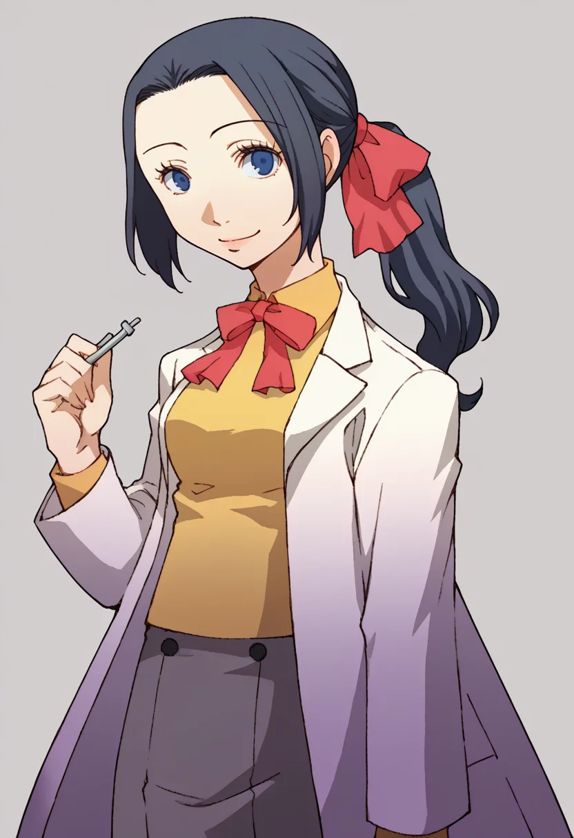 score_9, score_8_up, score_7_up, source_anime, BREAK, solo, 1girl, smile, looking at viewer, <lora:Mari-pdxl_Fp:1>, maridesu, black hair, blue eyes, ponytail, hair ribbon, collared shirt, yellow shirt, ribbon, lab coat, grey skirt, <lora:P3-Portraits-pdxl_Fp:1>, simple background, long hair,