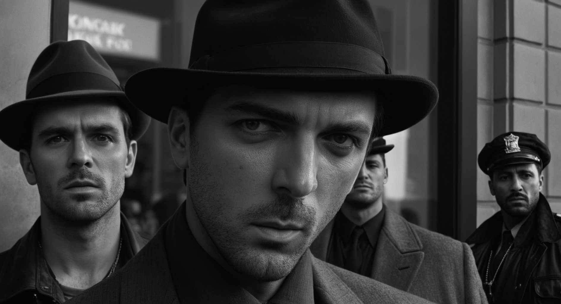 cinematic film still of  <lora:Split Diopter style:1>
Split image focus of a closeup of a man is standing in front of camera with a stare look on his face,in front of two gangster men in background shooting with guns at a bank door,Split Diopter style,hat,holding,jacket,monochrome,weapon,greyscale,male focus,multiple boys,2boys,gun,smoke,realistic,nearsighted,farsighted,split,split focus,focus,sharp focus,deep focus,Split focus,split screen , artistic, Kodak, dramatic light, dramatic shadow light, contrast, saturated color, cinematic, filmic, motion picture, realistic, realism, perfection, perfect, deep focus, clean image, wide screen, detailed image, cinematic, deep space composition, shallow depth of field, vignette, highly detailed, high budget, bokeh, cinemascope, moody, epic, gorgeous, film grain, grainy