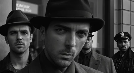 cinematic film still of <lora:Split Diopter style:1>
Split image focus of a closeup of a man is standing in front of camera with a stare look on his face,in front of two gangster men in background shooting with guns at a bank door,Split Diopter style,hat,holding,jacket,monochrome,weapon,greyscale,male focus,multiple boys,2boys,gun,smoke,realistic,nearsighted,farsighted,split,split focus,focus,sharp focus,deep focus,Split focus,split screen , artistic, Kodak, dramatic light, dramatic shadow light, contrast, saturated color, cinematic, filmic, motion picture, realistic, realism, perfection, perfect, deep focus, clean image, wide screen, detailed image, cinematic, deep space composition, shallow depth of field, vignette, highly detailed, high budget, bokeh, cinemascope, moody, epic, gorgeous, film grain, grainy