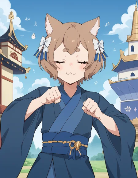 score_9, score_8_up, score_7_up, source_anime, <lora:felix-argyle-s3-p1-ponyxl-lora-nochekaiser:1>, felix argyle, short hair, bangs, brown hair, bow, animal ears, hair bow, male focus, cat ears, eyelashes, bob cut, thick eyebrows, white bow, otoko no ko,, japanese clothes, kimono, blue kimono, floating castle, sky, magical, clouds, fantasy, smile, <lora:shikairo-days-dance-ponyxl-lora-nochekaiser:1>, shikairo days dance, shikairo days dance (meme), dancing, meme, closed eyes, clenched hands, glowsticks, blush, smile,, looking at viewer, solo,, dutch angle, cowboy shot
