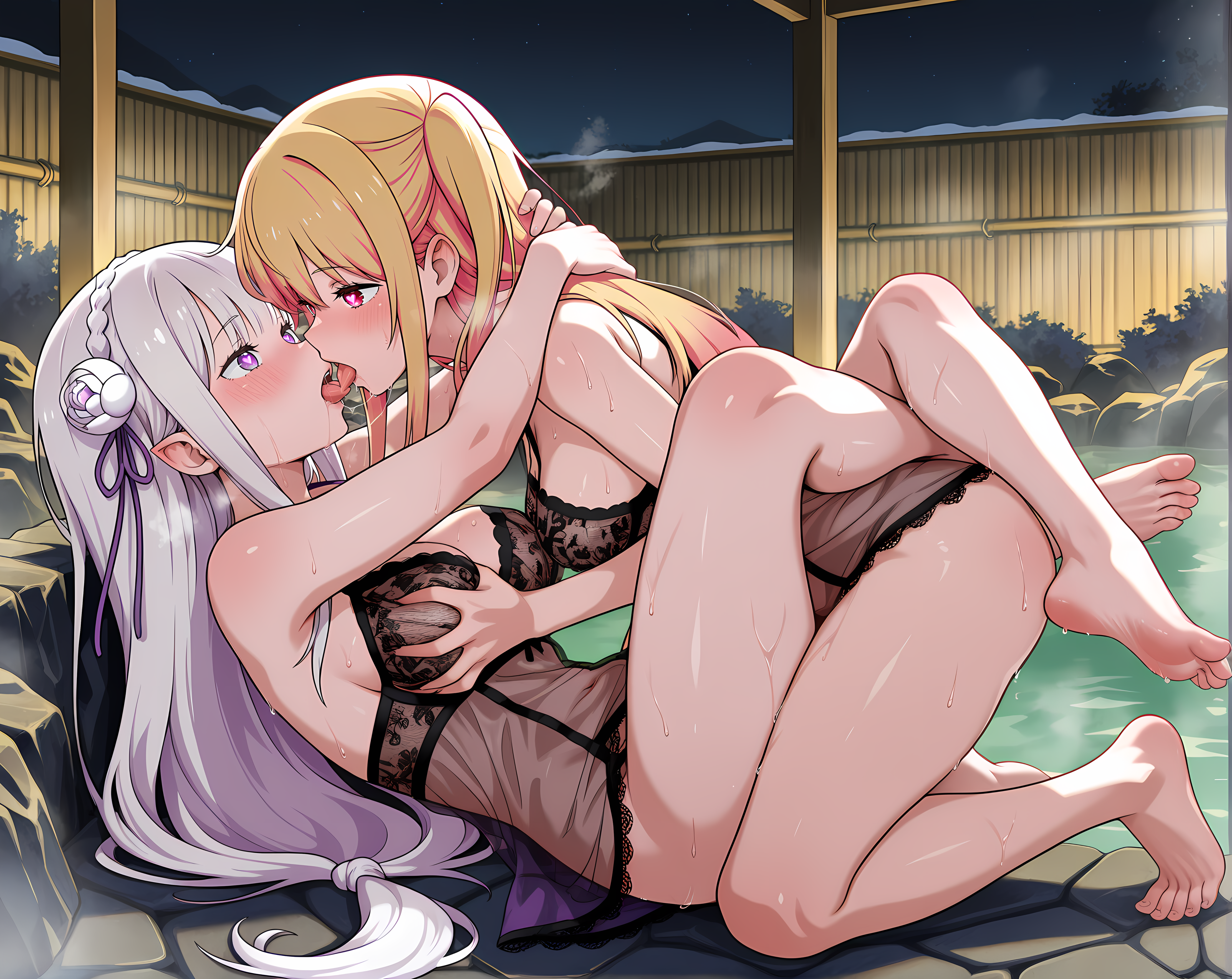 <lora:French_Kiss:0.7>,frks,french kiss,groping,hug,saliva,saliva trail,hoshino ruby,emilia \(re:zero\),full body,lying,yuri,breasts,lingerie,heart-shaped pupils,blush,heavy breathing,leg lock,sweat,steaming body,onsen,, masterpiece,best quality,amazing quality, very aesthetic, absurdres,detailed eyes,ultra-detailed,