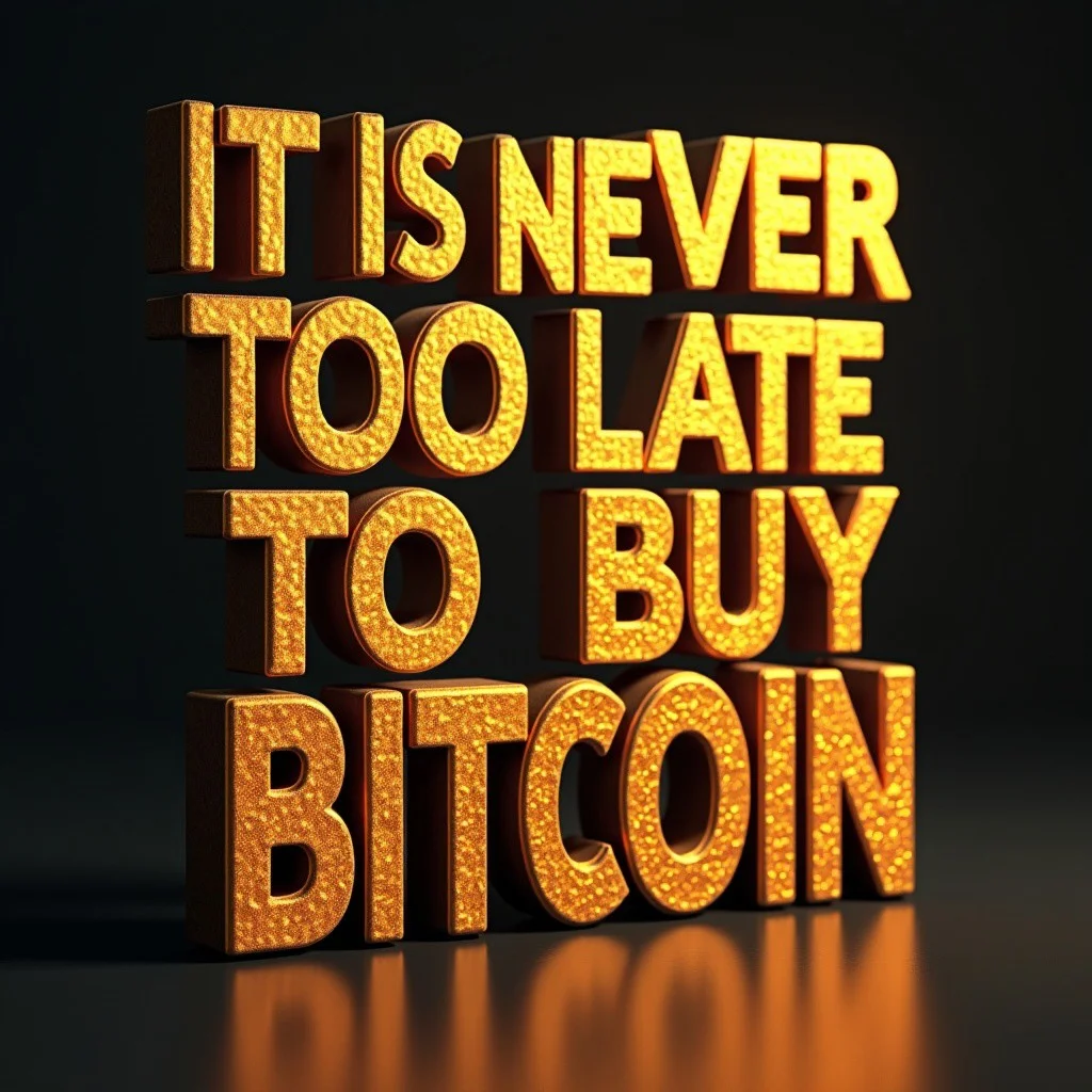 Movie poster, large 3D text, the text says "It is never too late to buy Bitcoin"