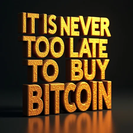 Movie poster, large 3D text, the text says "It is never too late to buy Bitcoin"
