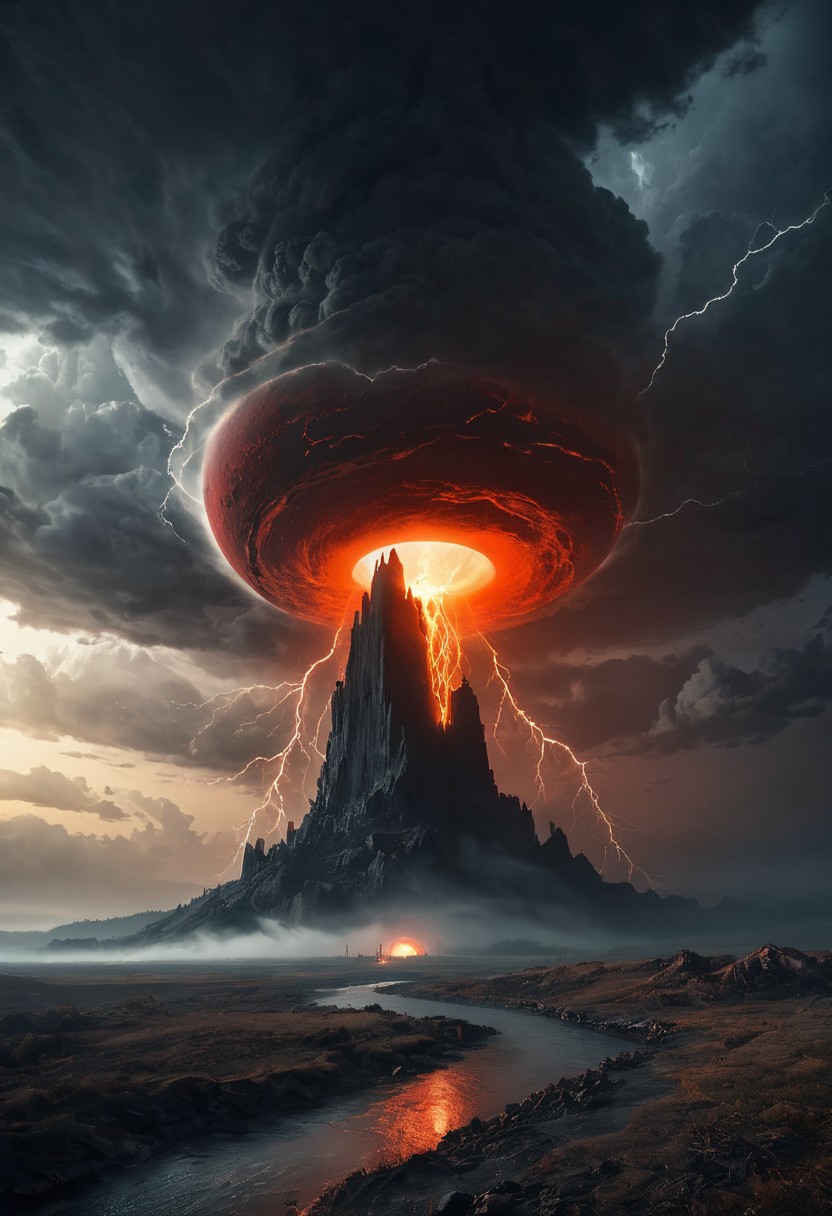 cinematic shot, digital painting, (masterpiece, best quality:1.5), apocalyptic, the sky opens into a black hole, with red lightning streaking through, Towering spiraling monolith emenating power, a beam a of magical energy shooting into the sky, a whirlpool of clouds is decending around the beam towards the ground, heavy ground fog, dramatic lighting, film grain, ominous, visually captivating, a red moon, contrasting shadows, extremely detailed, hkstyle