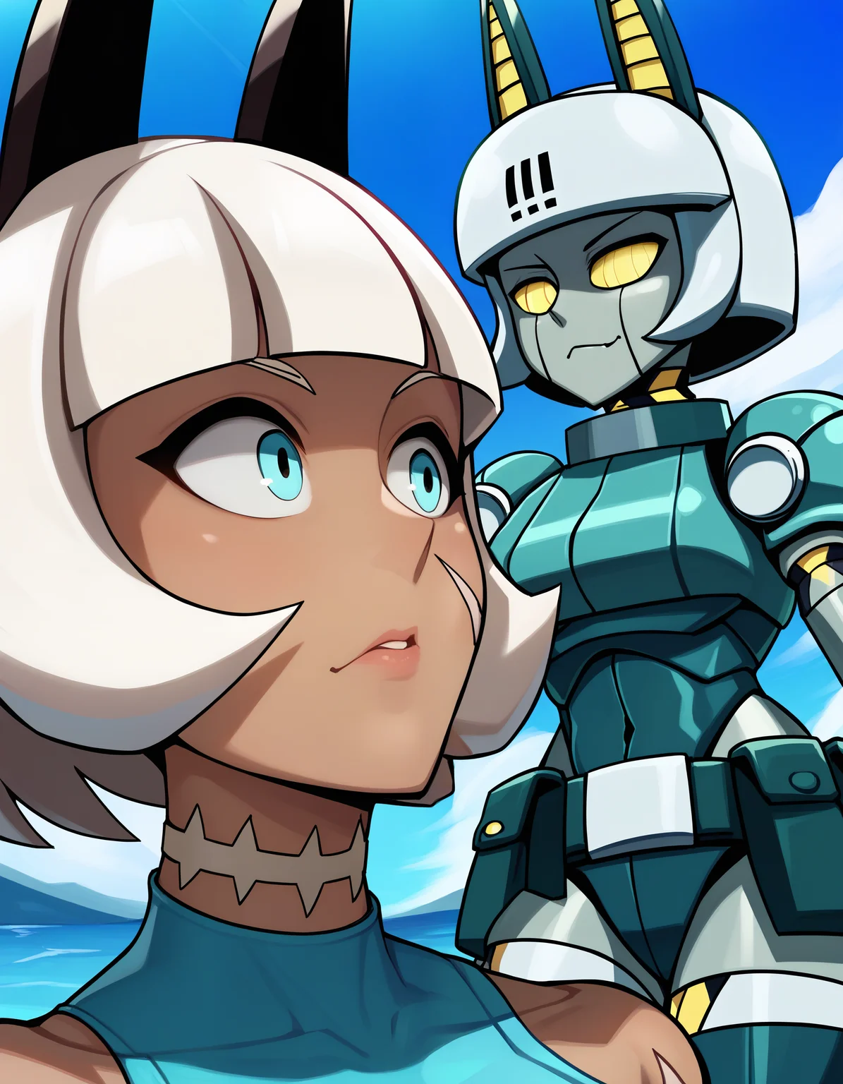 score_9, miss-fortune, robo-fortune, crop top, animal ears, tail, 2girls, robot, robot joints, humanoid robot, colored skin, android, multiple girls, belt pouch, bob cut, dark skin, scar, yellow eyes, blue eyes, dark-skinned female, underboob, white hair, short hair, medium breasts, smirk, gloves, outdoors <lora:Miss-robo-Fortune:0.8>