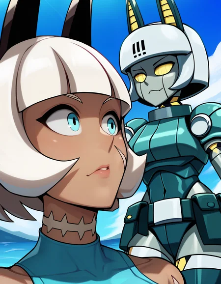 score_9, miss-fortune, robo-fortune, crop top, animal ears, tail, 2girls, robot, robot joints, humanoid robot, colored skin, android, multiple girls, belt pouch, bob cut, dark skin, scar, yellow eyes, blue eyes, dark-skinned female, underboob, white hair, short hair, medium breasts, smirk, gloves, outdoors <lora:Miss-robo-Fortune:0.8>