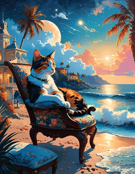 A captivating night scene illustration featuring an elegant victorian villa in front of the beach, intricate architecture and rich history.
A calico Cat is sleeping on a padded chair, dimly lit, deep shadows, the beach in the background with palm trees, ocean waves, moonlit sea waters, starry night with milky way visible,  The full moon graces the sky, casting an ethereal glow on the clouds and sea, while wispy clouds partially obscure its brilliance, adding to the scene's mystique. Twinkling stars dot the sky, creating a celestial tapestry that harmonizes with the moon's radiance. 
cinematic experience., illustration, cinematic, dreamlike atmosphere, soft lighting, ethereal, whimsical, vibrant colors, peaceful setting,
[romantic impressionism,dream scenery art,beautiful oil matte painting,romantic,style of thomas kinkade,beautiful digital painting,anime landscape,romantic painting,dreamlike digital painting,colorful painting,beautiful gorgeous digital art,style of greg rutkowski,janek sedlar,] 
<lora:_xSTYL_Sinozick_Style_XL_Pony:1>, <lora:MJ52:0.75> 
<lora:_xTONI_DonMP41n717Bl4ckXL-pony-000006:.6>