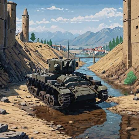 A tank crosses a temporary bridge over a river in the Balkans, reflecting its role in the diverse terrains of the Mediterranean theater. The rugged mountains provide a dramatic backdrop to the strategic mobility and adaptability required in these operations ((pulp_comic, heavy_lines, hand_drawn, hand_inked, hand_colored, perfect_face, apxlz))