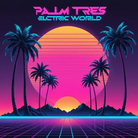 ((album cover)), retro,  bold neon colors, gradient background, chrome text, synthwave sunset, palm trees electric grid, minimal silhouette, vintage aesthetic, synthworld