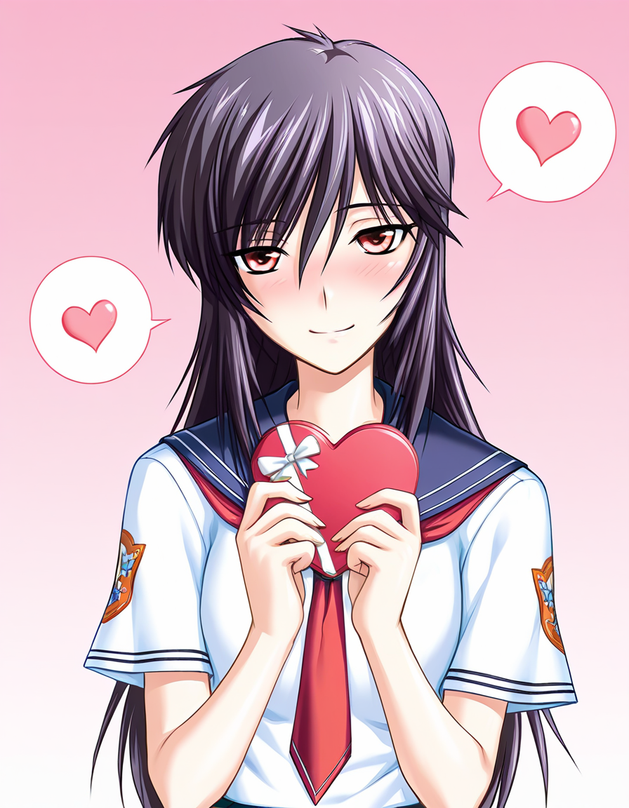 masterpiece, best quality, amazing quality, absurdres, official art, ultra detailed, 
1girl, solo, yashi_nagomi, long hair, purple hair, red eyes, BREAK
school uniform, serafuku, skirt, pantyhose, lovestruck, shy smile, blush, head tilt, looking at viewer, spoken heart, standing, holding heart gift, gradient background, pink background, front view, upper body, highly detailed, best hands <lora:Yashi Nagomi v1.0-000013:1>