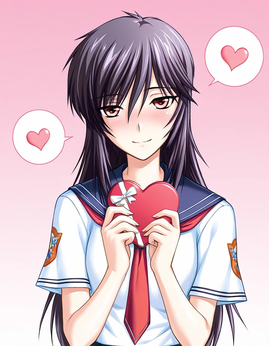 masterpiece, best quality, amazing quality, absurdres, official art, ultra detailed,
1girl, solo, yashi_nagomi, long hair, purple hair, red eyes, BREAK
school uniform, serafuku, skirt, pantyhose, lovestruck, shy smile, blush, head tilt, looking at viewer, spoken heart, standing, holding heart gift, gradient background, pink background, front view, upper body, highly detailed, best hands <lora:Yashi Nagomi v1.0-000013:1>