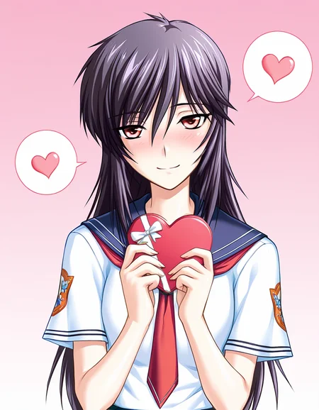masterpiece, best quality, amazing quality, absurdres, official art, ultra detailed,
1girl, solo, yashi_nagomi, long hair, purple hair, red eyes, BREAK
school uniform, serafuku, skirt, pantyhose, lovestruck, shy smile, blush, head tilt, looking at viewer, spoken heart, standing, holding heart gift, gradient background, pink background, front view, upper body, highly detailed, best hands <lora:Yashi Nagomi v1.0-000013:1>