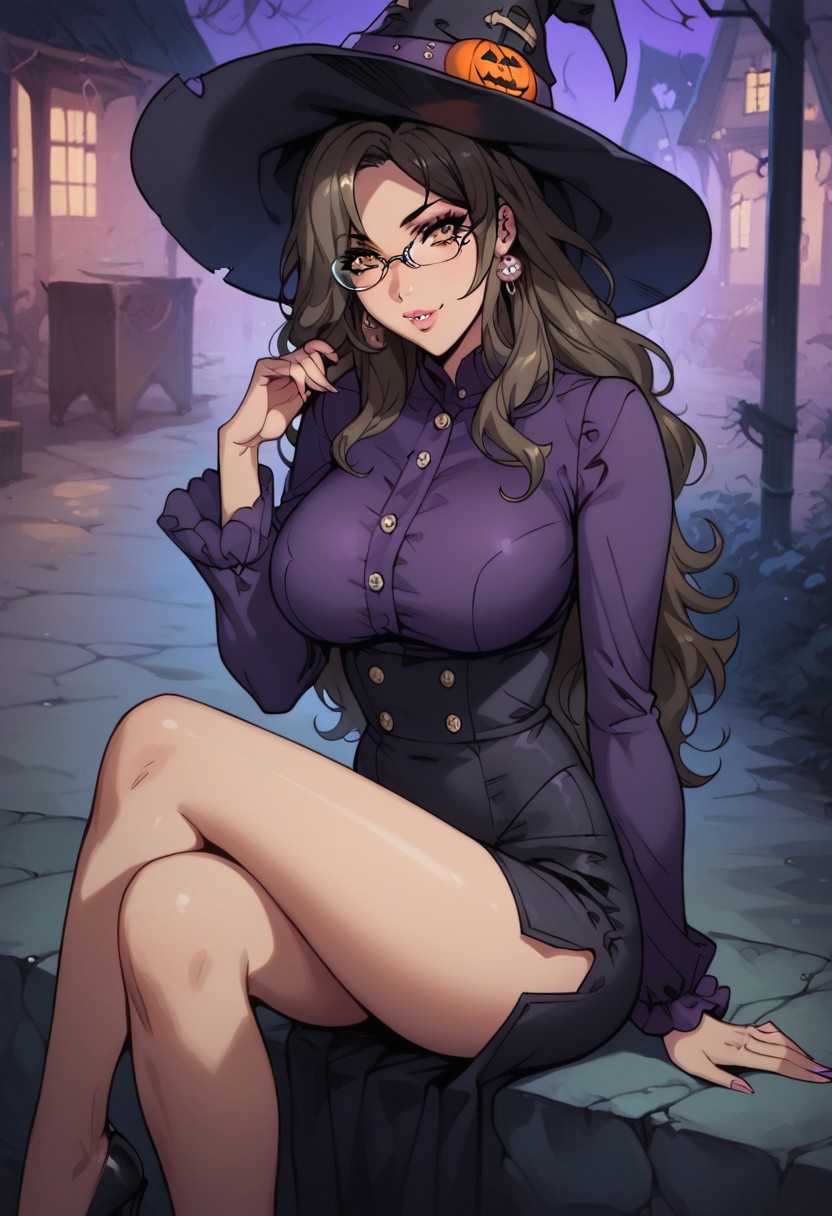 score_9, score_8_up, score_7_up, Expressiveh, g0thicPXL, high quality, 1girl, solo, long brown hair, yellow eyes, lipstick, eyeliner, hud_tr4d_w1tch, witch hat, knee length dress, long sleeves, buttons, (high heels), sitting legs crossed, view from side, trick or treat, halloween, fantasy town, town square, 18 year old, 1girl, sexy girl, (pouty lips), bimbo lips, riofutaba, rio futaba, long hair, brown hair, large breasts, natural breasts, hair ornament, glasses, looking at viewer, solo, sexy, glamor, sexy pose, flirty, seductive, skindentation, seductive expression, horny, aroused, naughty face, erotic, motion lines, people watching, smile,