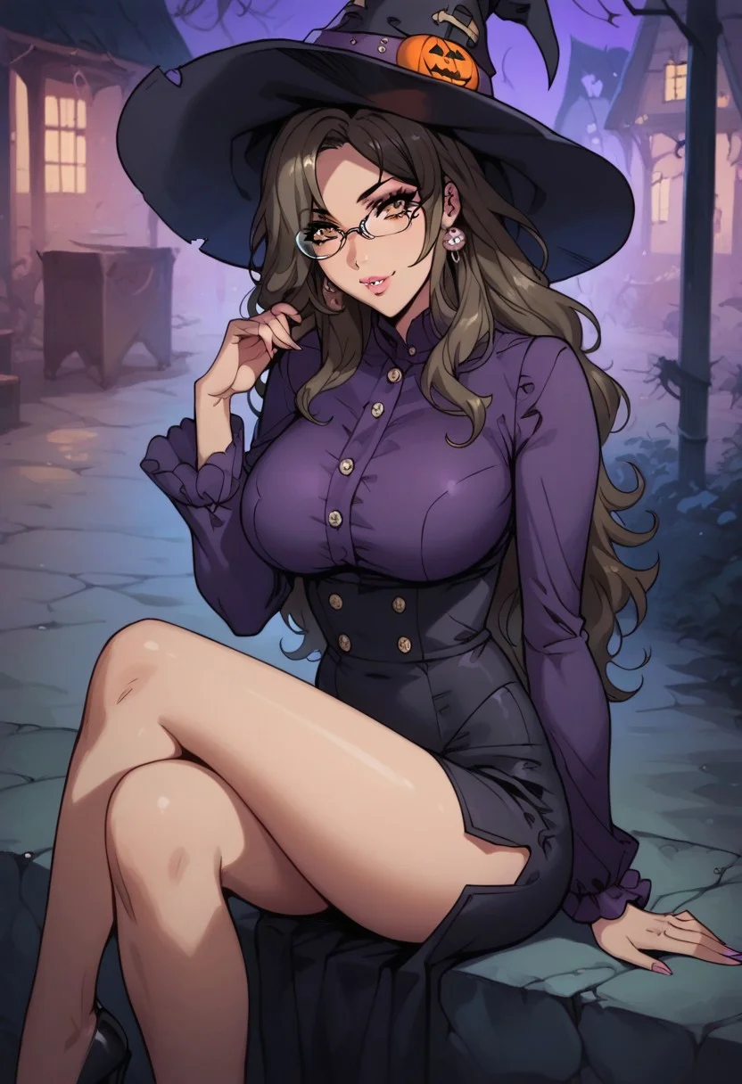 score_9, score_8_up, score_7_up, Expressiveh, g0thicPXL, high quality, 1girl, solo, long brown hair, yellow eyes, lipstick, eyeliner, hud_tr4d_w1tch, witch hat, knee length dress, long sleeves, buttons, (high heels), sitting legs crossed, view from side, trick or treat, halloween, fantasy town, town square, 18 year old, 1girl, sexy girl, (pouty lips), bimbo lips, riofutaba, rio futaba, long hair, brown hair, large breasts, natural breasts, hair ornament, glasses, looking at viewer, solo, sexy, glamor, sexy pose, flirty, seductive, skindentation, seductive expression, horny, aroused, naughty face, erotic, motion lines, people watching, smile,