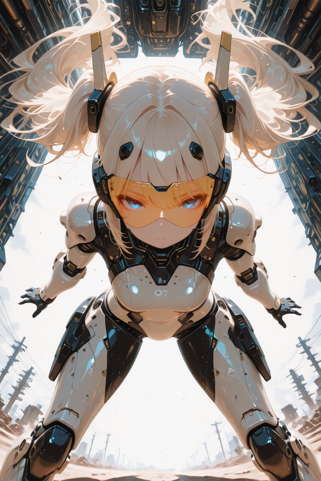 , 1girl, solo, platinum blond, long twintails, visor, antena, mechanician, mech suit, science fiction,detailed background, looking at viewer,close up,, lazypos2,, dynamic pose, extreme perspective, foreshotening,, backlighting,Cinematic Lighting,Volumetric Lighting,rim light, dappled light, light and shadow contrast,Rembrandt lighting,