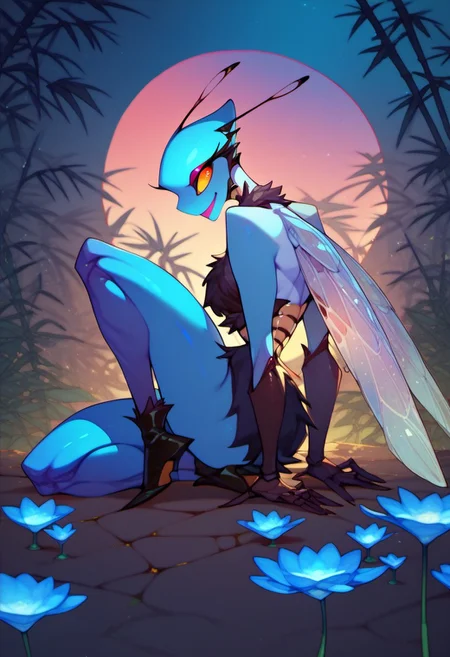 score_9, score_8_up, score_7_up, score_6_up, dark faerie, flying at night, beautiful face with insect eyes, heavy black boots, highly detailed, blue lotus blossom, bamboo, insect wings, monster boy, cyan and magenta, colored skin, soft fur