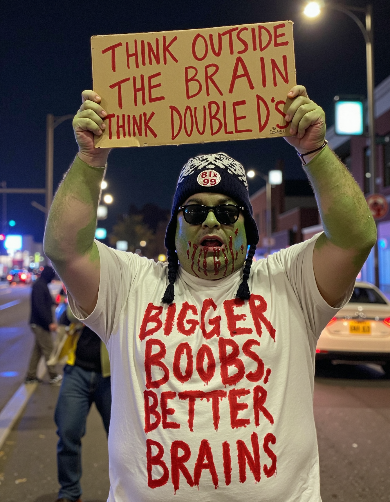 A medium shot of a man dressed in a zombie-themed costume at a nighttime protest or demonstration. He is holding a handmade sign above his head that reads "THINK OUTSIDE THE BRAIN, THINK DOUBLE DâS" in red, jagged lettering resembling blood. His costume consists of a white t-shirt with the words "BIGGER BOOBS, BETTER BRAINS" written in similar red, blood-like letters. He is wearing a knit winter hat with a snowflake pattern and a pair of sunglasses, while his face is painted to resemble a zombie, complete with green and gray makeup and fake blood dripping from his mouth. The man is standing in what appears to be a city street at night, with cars and lights visible in the background. The dark surroundings contrast sharply with his white costume and the bright red letters on his sign and shirt. His costume and the protest sign suggest he is participating in a zombie-themed protest with a political or social message, possibly referencing the Occupy Wall Street movement with the "1%" and "99%" rhetoric. The scene captures the theatrical, yet politically charged nature of the event, blending humor with social commentary <lora:amateurphoto-v6-forcu:0.8>