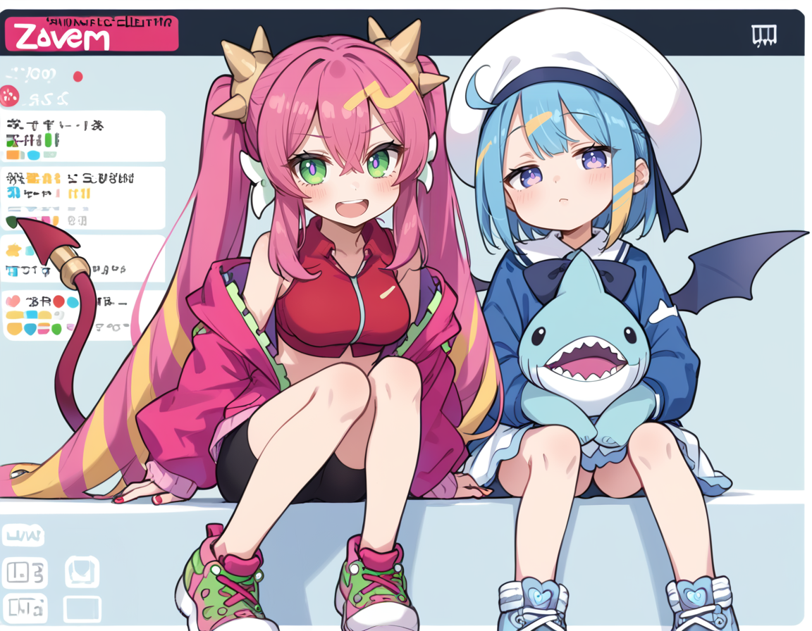 (score_9:0.9),score_8_up,score_7_up,rating_safe,(zPDXL3),sidelocks,parody,official art,2girls,full body,blush stickers,(livestream),sitting,teeth,sidelocks,screen,display,
BREAK pink jacket,ka sikil,red cropped vest,red tail,hair ornament,medium breasts,looking at viewer,open mouth,fang,:d,pink sneakers,black bike shorts,bandaid on knee,
BREAK blue jacket,white dress,lil la,blue demon wings,white sailor hat,half-closed eyes,small breasts,stuffed shark toy,light smile,looking at viewer,blue sneakers,<lora:Live twin ponyXL v1:0.62>,