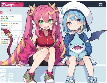 (score_9:0.9),score_8_up,score_7_up,rating_safe,(zPDXL3),sidelocks,parody,official art,2girls,full body,blush stickers,(livestream),sitting,teeth,sidelocks,screen,display,
BREAK pink jacket,ka sikil,red cropped vest,red tail,hair ornament,medium breasts,looking at viewer,open mouth,fang,:d,pink sneakers,black bike shorts,bandaid on knee,
BREAK blue jacket,white dress,lil la,blue demon wings,white sailor hat,half-closed eyes,small breasts,stuffed shark toy,light smile,looking at viewer,blue sneakers,<lora:Live twin ponyXL v1:0.62>,